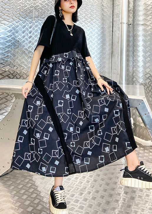 Classy Black O-neck Oversized Patchwork Print Dress Short Sleeve