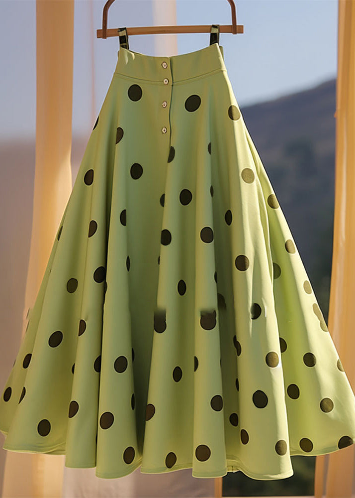 French Green Dot Print Chiffon a Line Skirt Summer