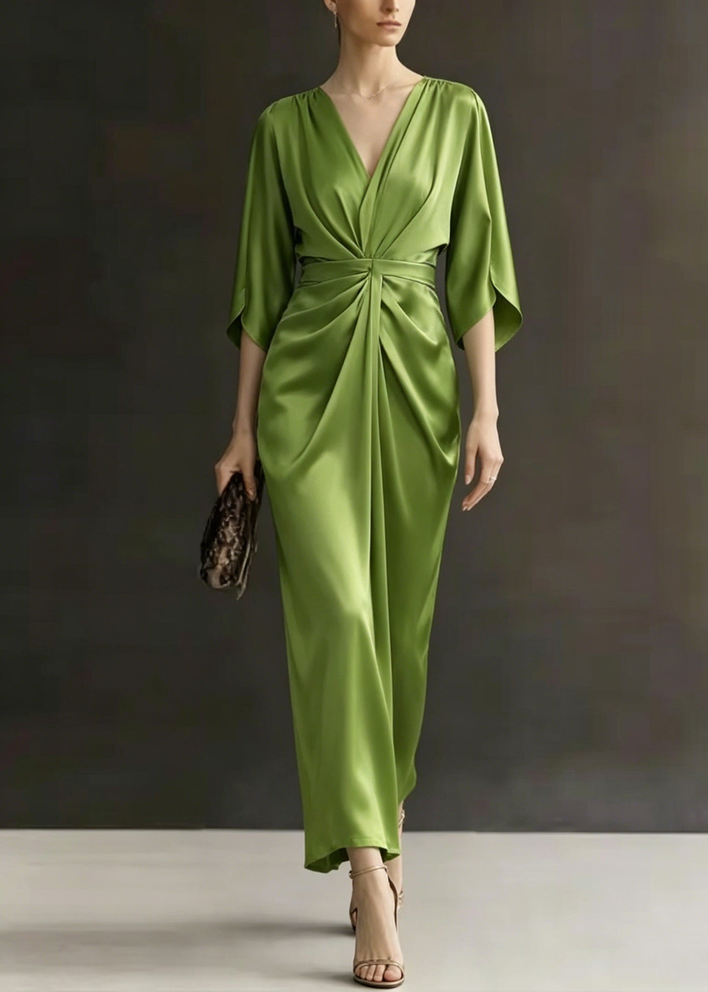 Green V Neck Wrinkled Silk Dress Batwing Sleeve