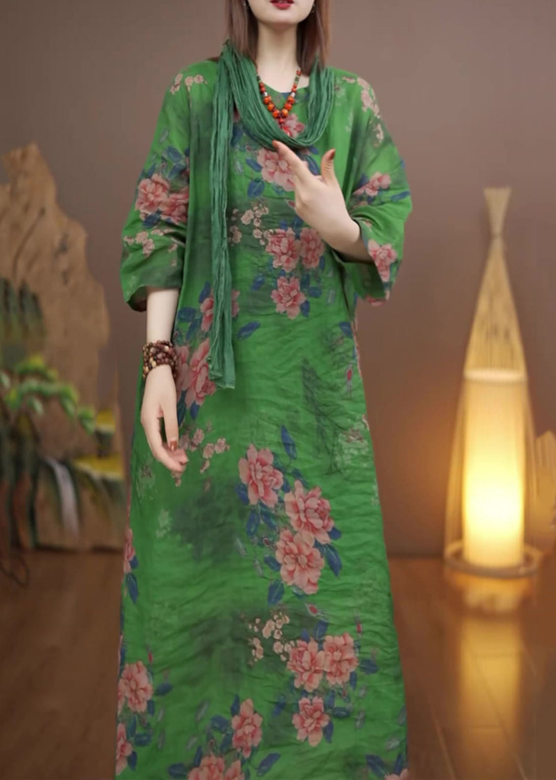 Green O-neck Print Long Dress Spring