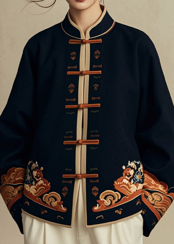 Chinese Style Navy Stand Collar Print Cotton Coats Spring