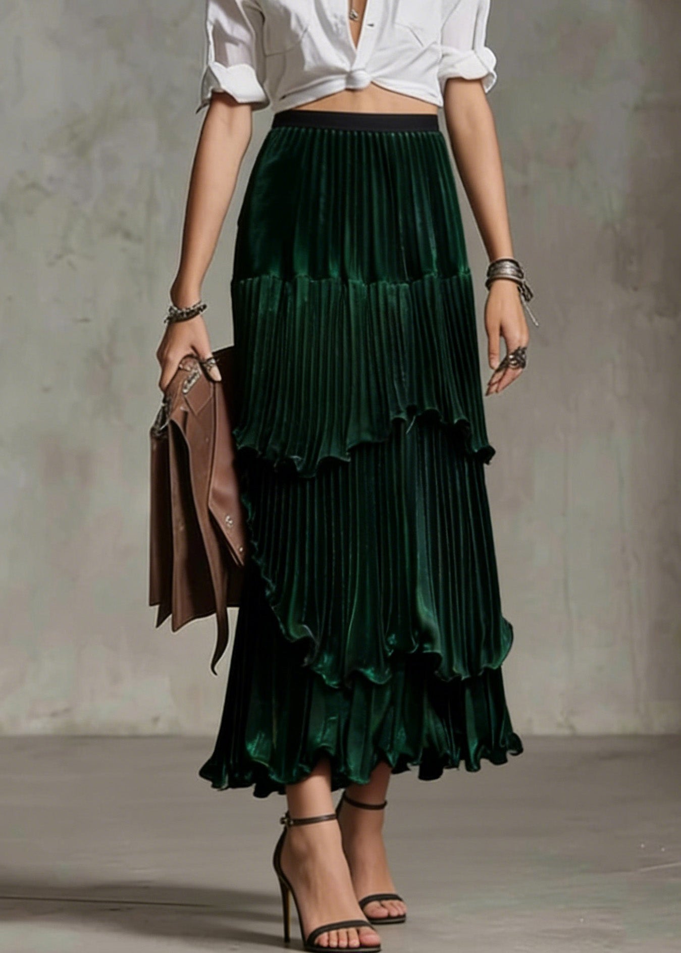 Green Ruffled Asymmetrical Design Silk Skirt Spring
