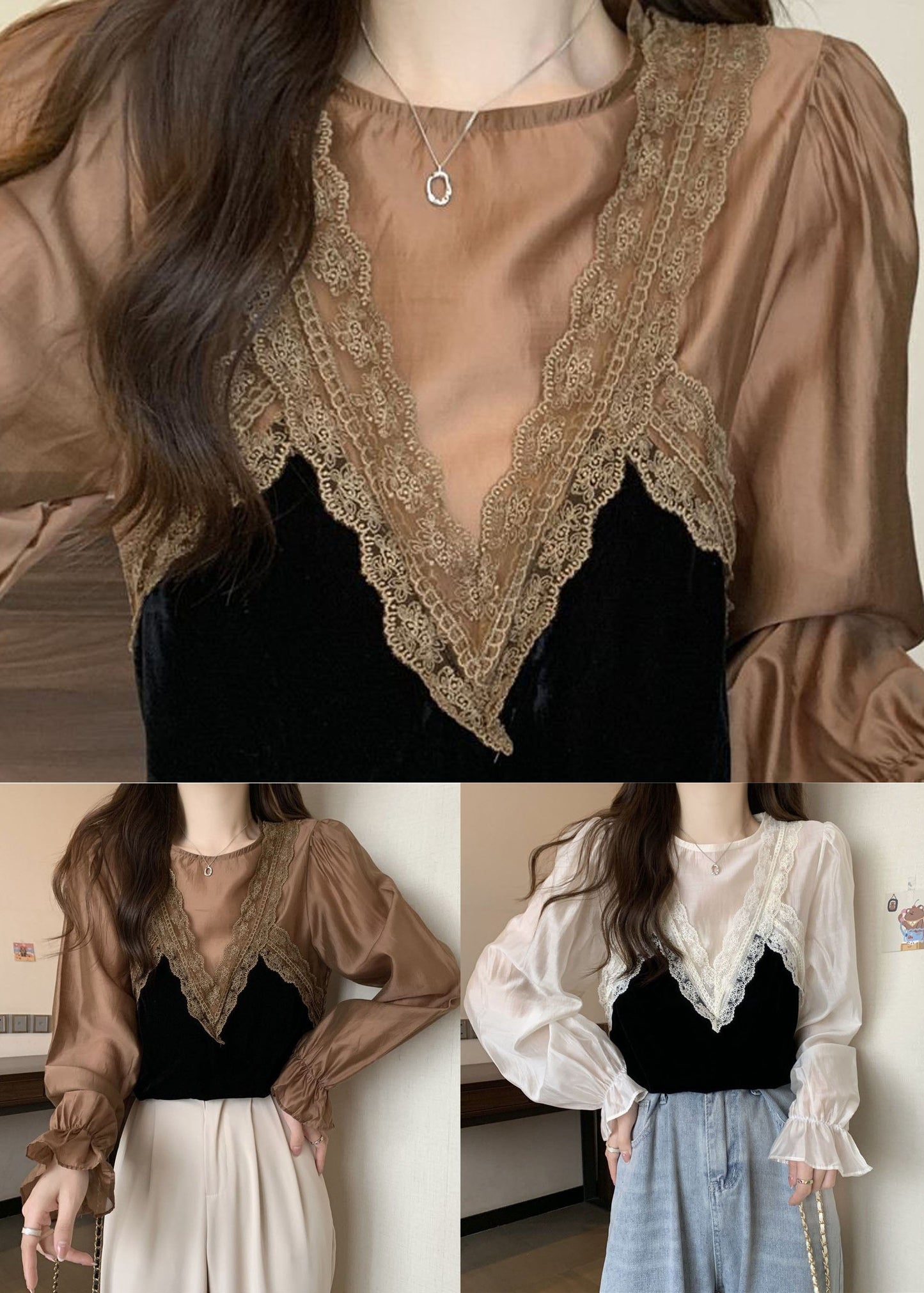 French White O-neck Lace Patchwork Silk Velour Blouse Tops Spring