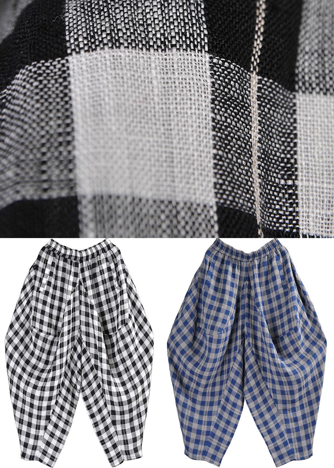 Black White Plaid Cotton Linen Harem Pants Summer