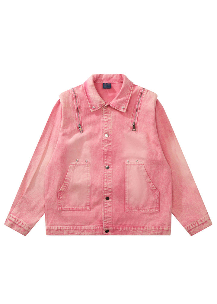Loose Pink Button Pockets Patchwork Style Denim Coats Fall