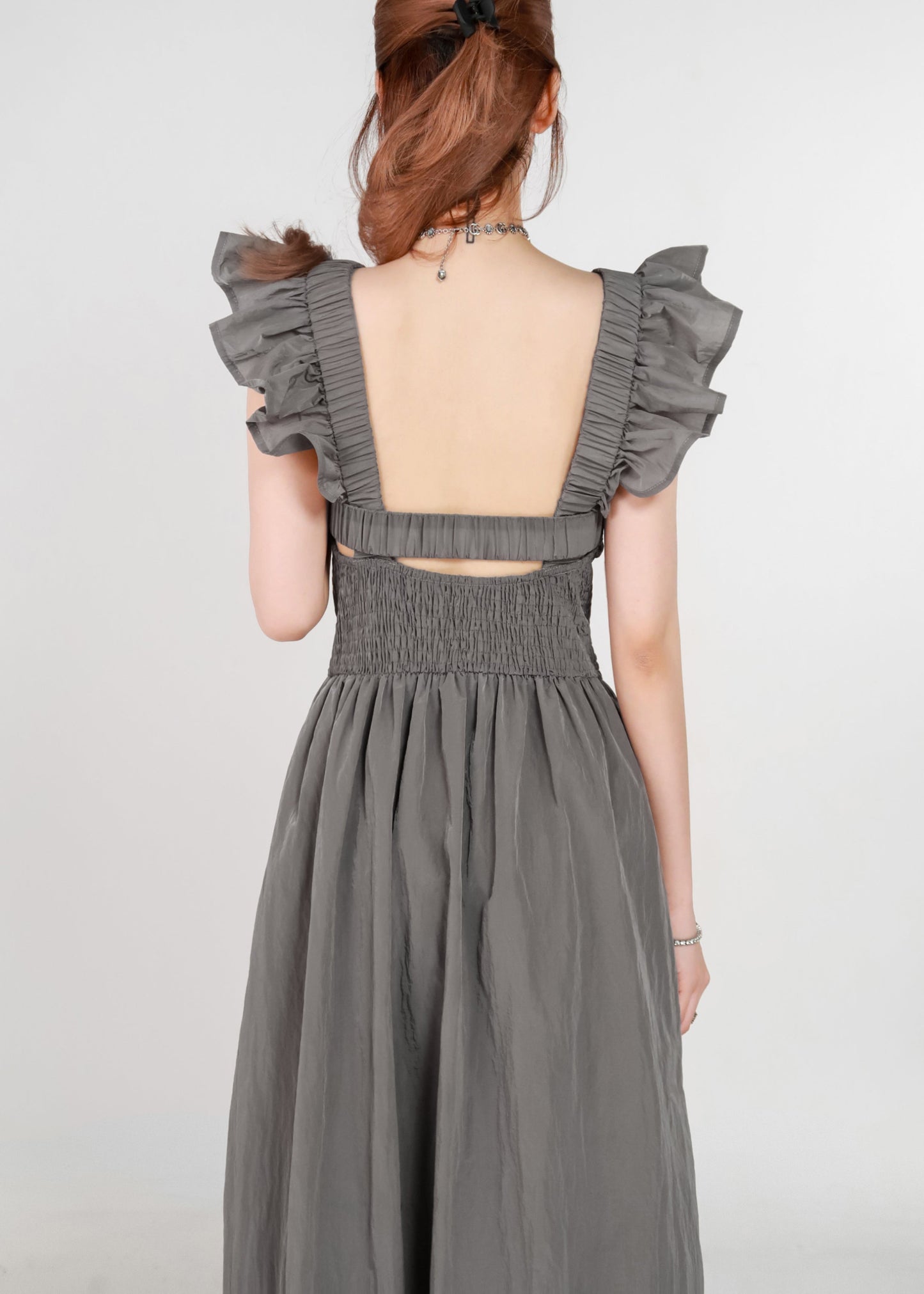 Grey Pockets High Waist Cotton Long Dress Summer