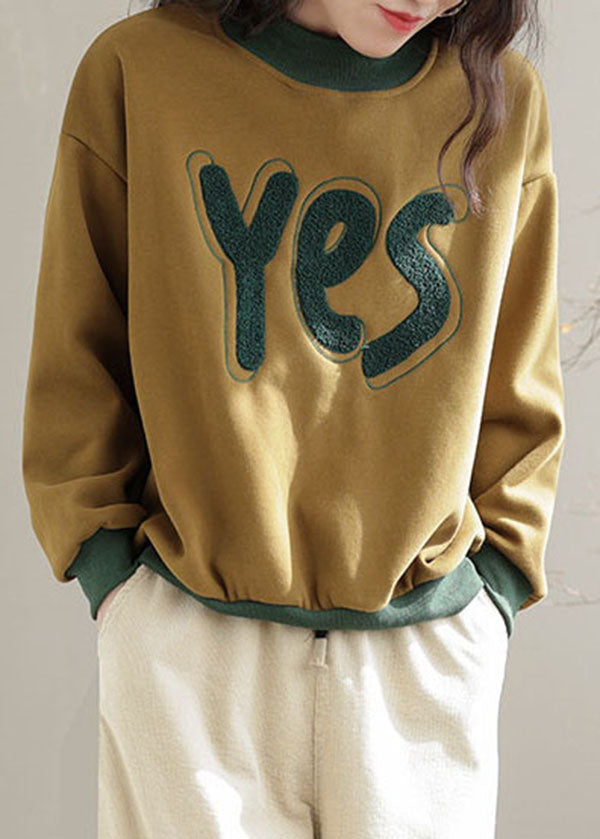 Yellow Embroideried Patchwork Warm Fleece Pullover Sweatshirt Spring