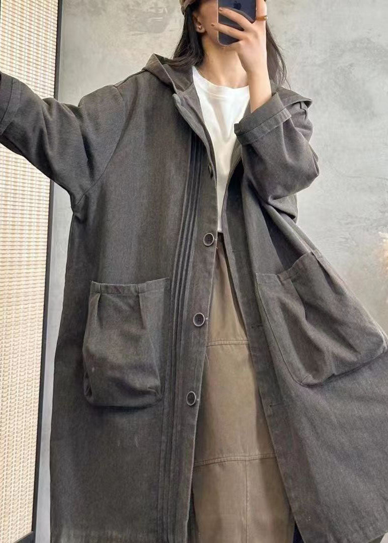Black Wrinkled Patchwork Button Hooded Denim Trench Coats Long Sleeve