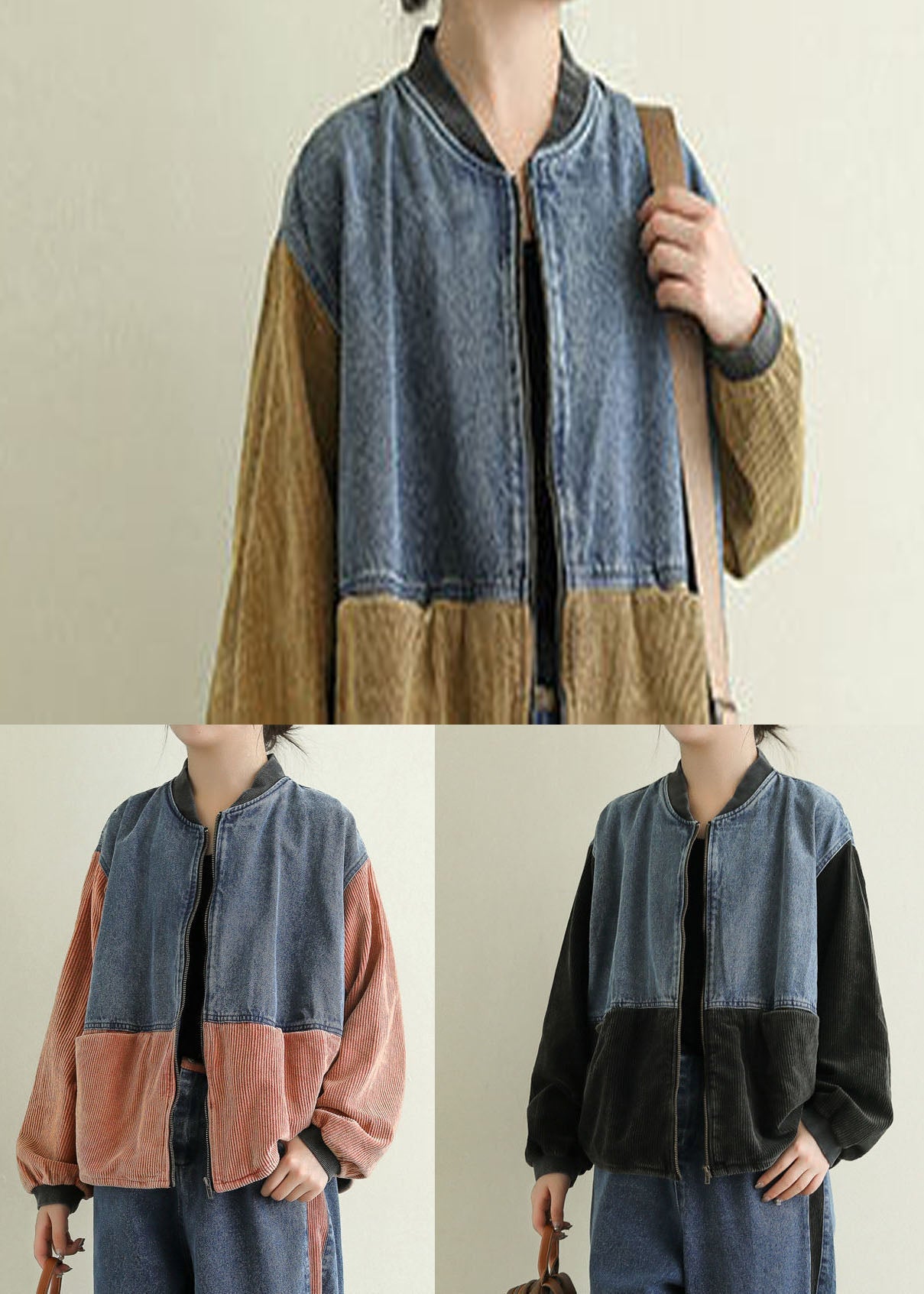 Khaki Zip Up Corduroy Patchwork Denim Coat Long Sleeve