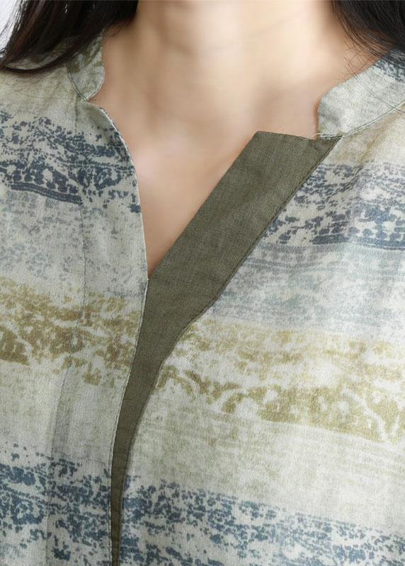 Handmade Green Print V Neck Robe Linen Dresses Half Sleeve