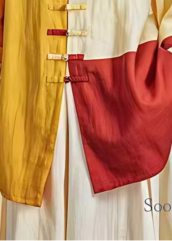 Yellow Chinese Button Patchwork Linen Top Summer