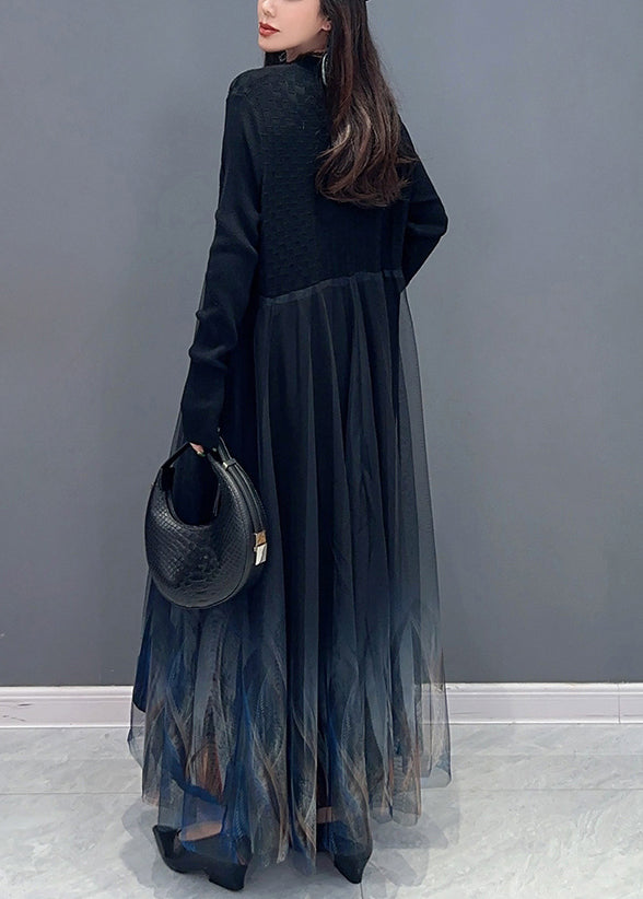 Black Knit Patchwork Tulle Dress Long Sleeve