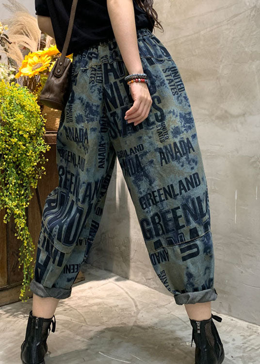 Blue Cinched Graphic Denim Pants Spring