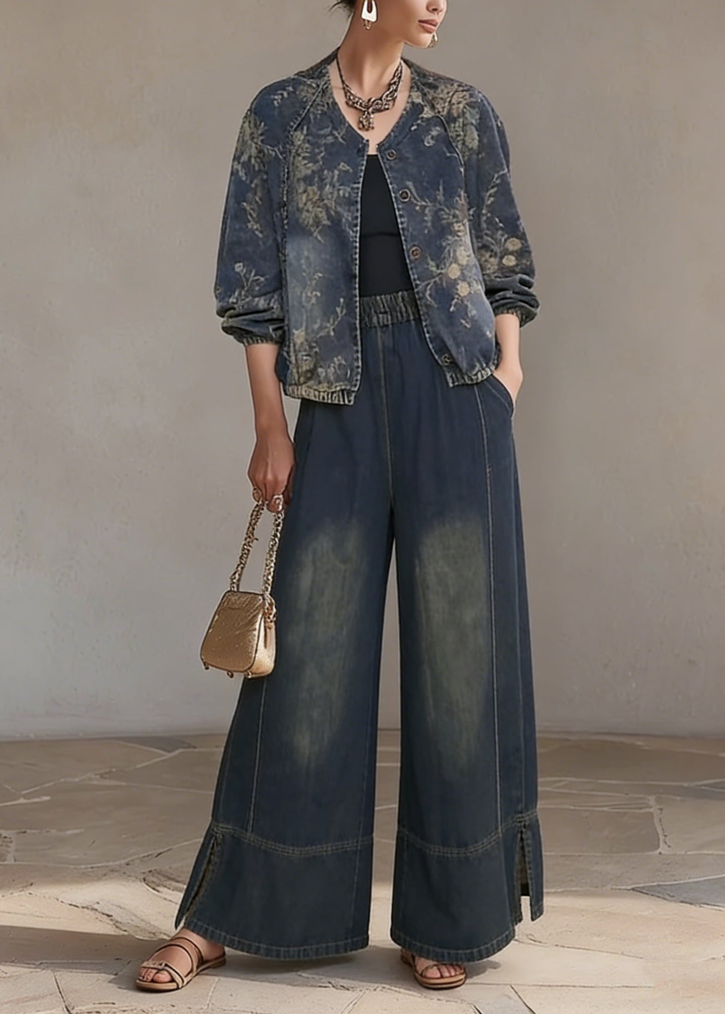 O Neck Print Denim Two Piece Set Outfits Spring