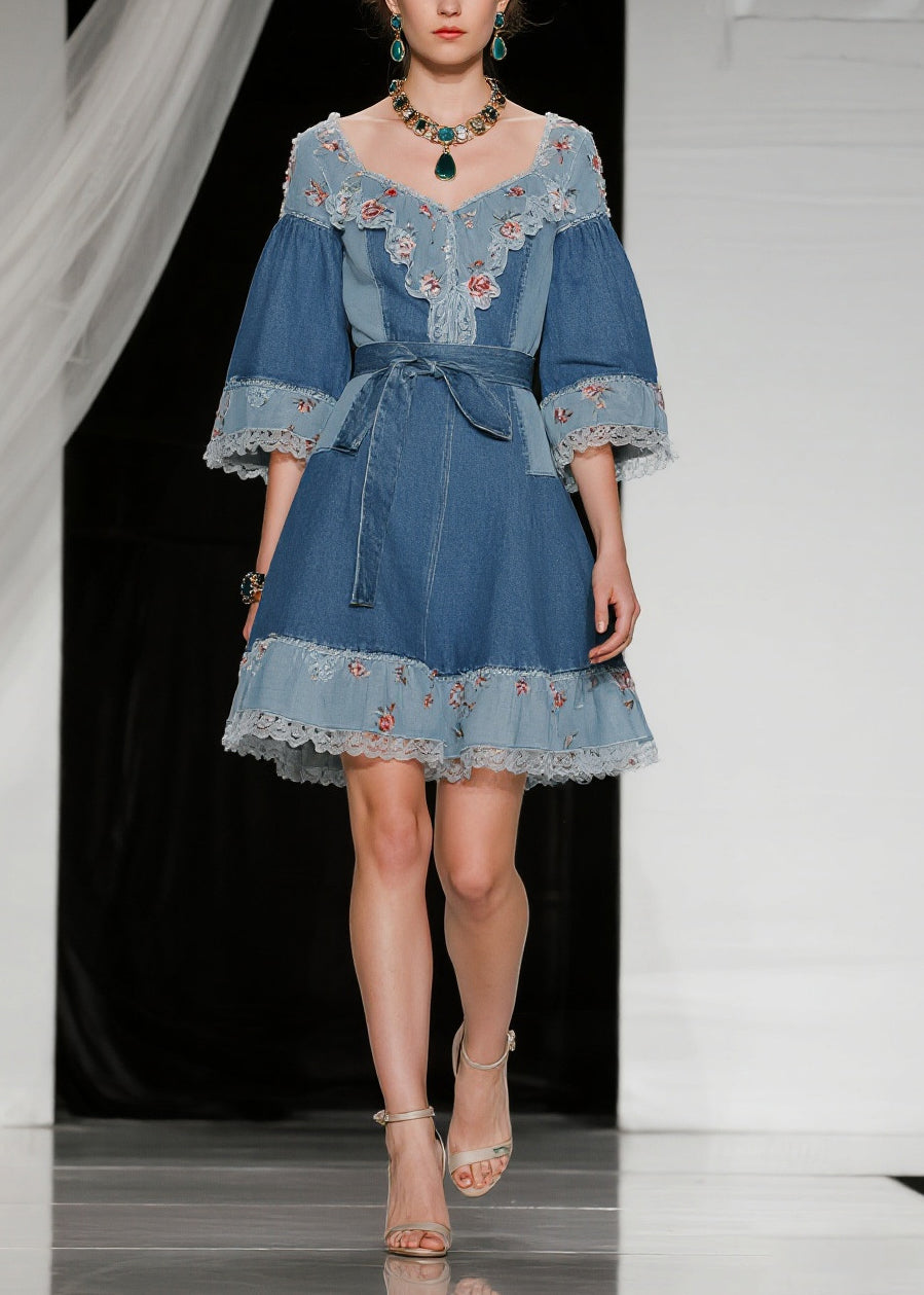 Blue Tie Waist Patchwork Lace Denim Day Dress Summer