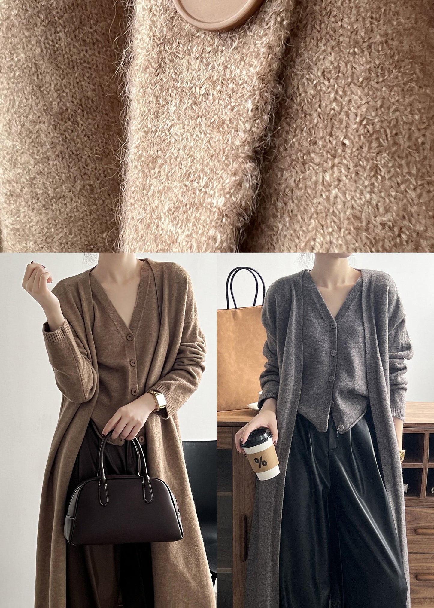 Loose Camel V Neck Tank and Cardigan Knit Two Piece Set Fall