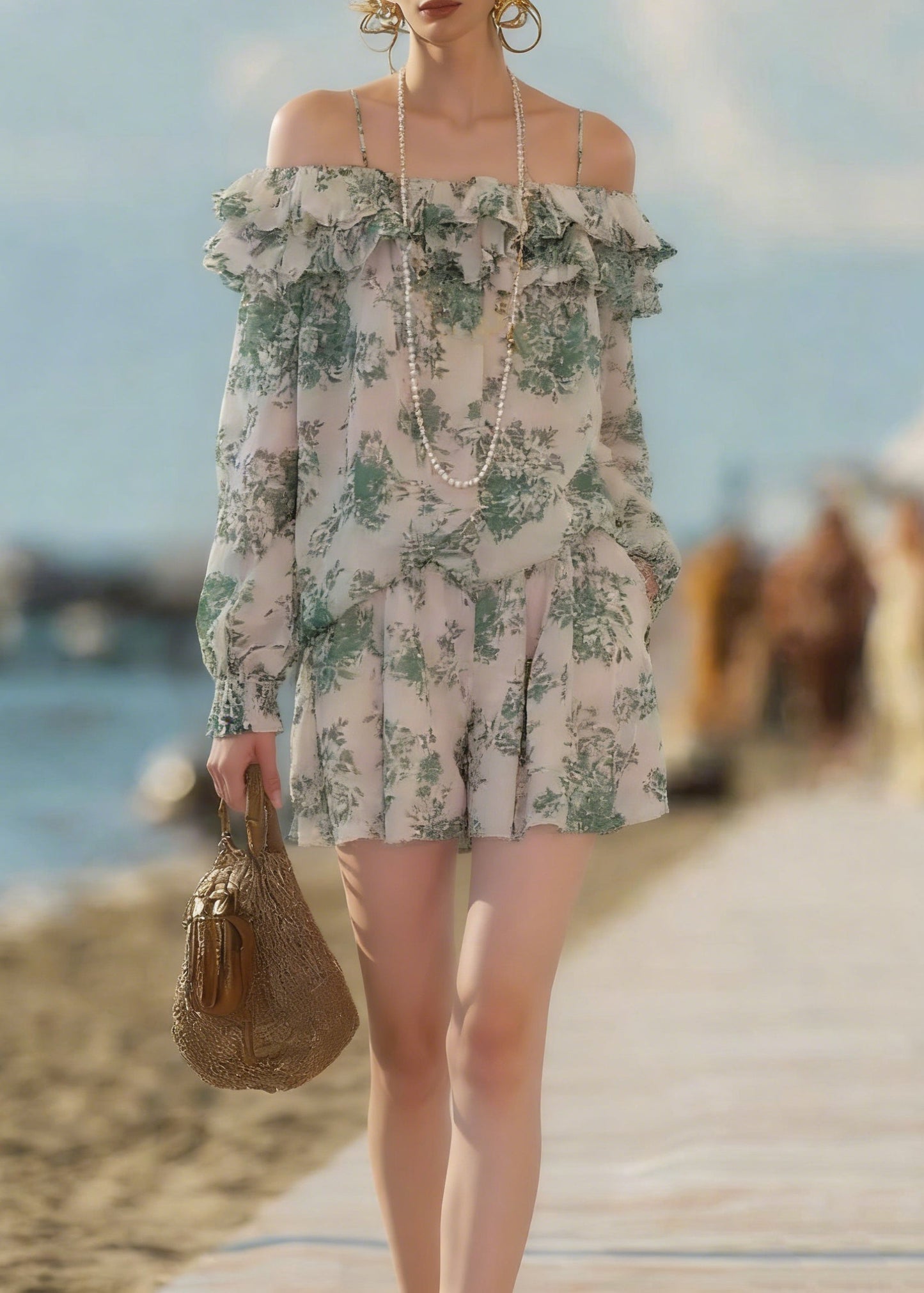 Loose Green Ruffled Print Shirts and Shorts Chiffon Two Pieces Set Summer