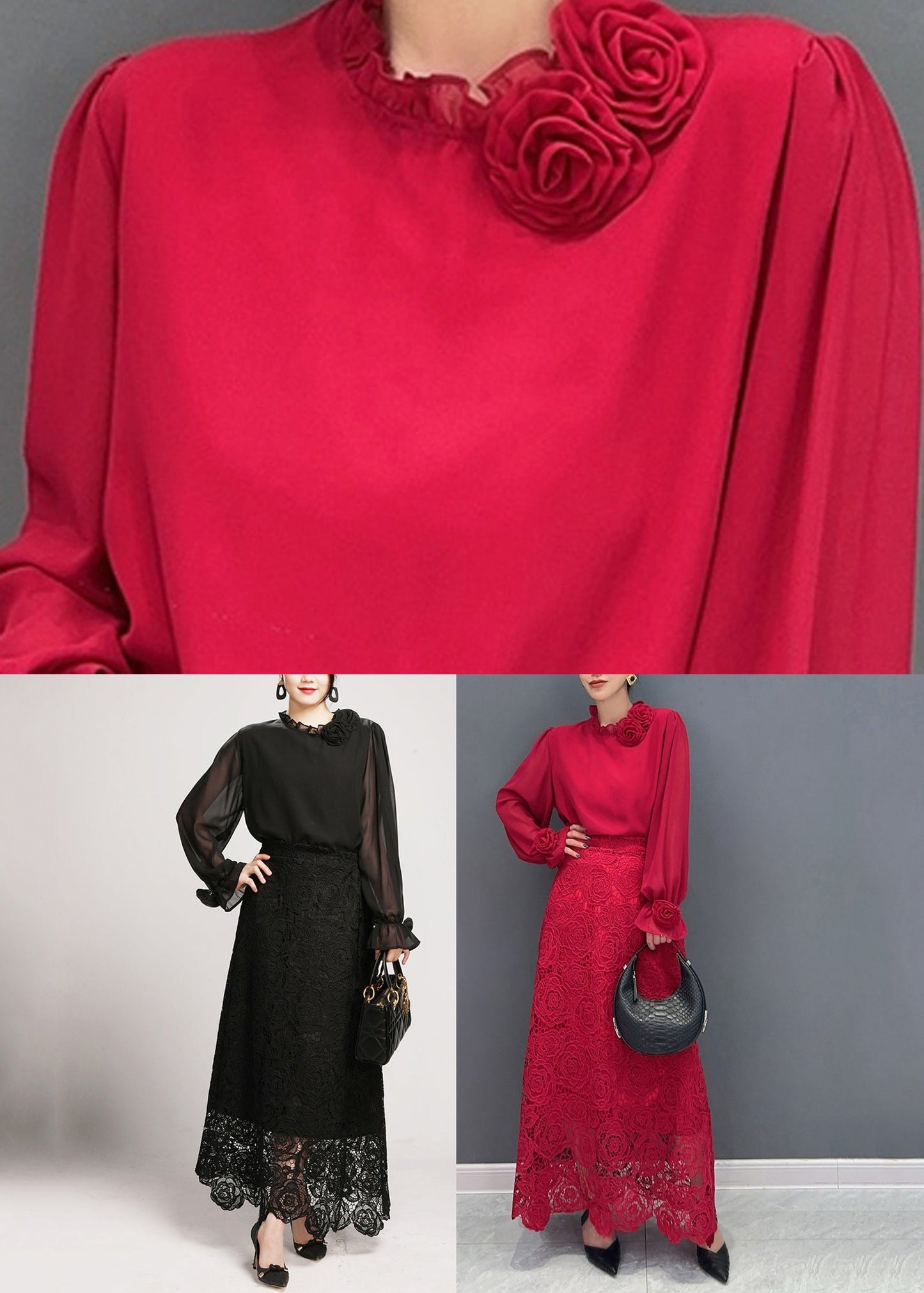Fine Red Rose Lace Shirts and Maxi Skirts Two Pieces Set Fall