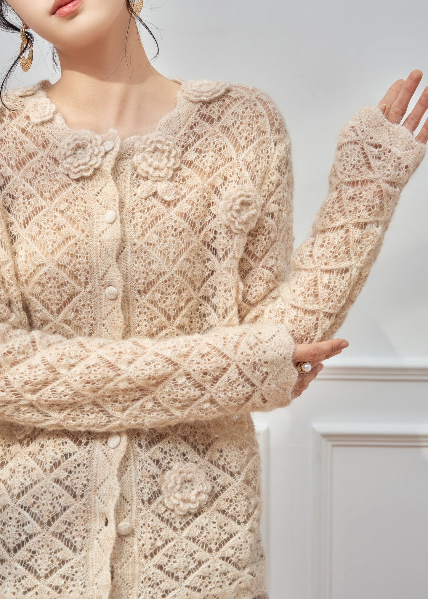 Art Apricot Hollow Out Button Knit Sweater Spring