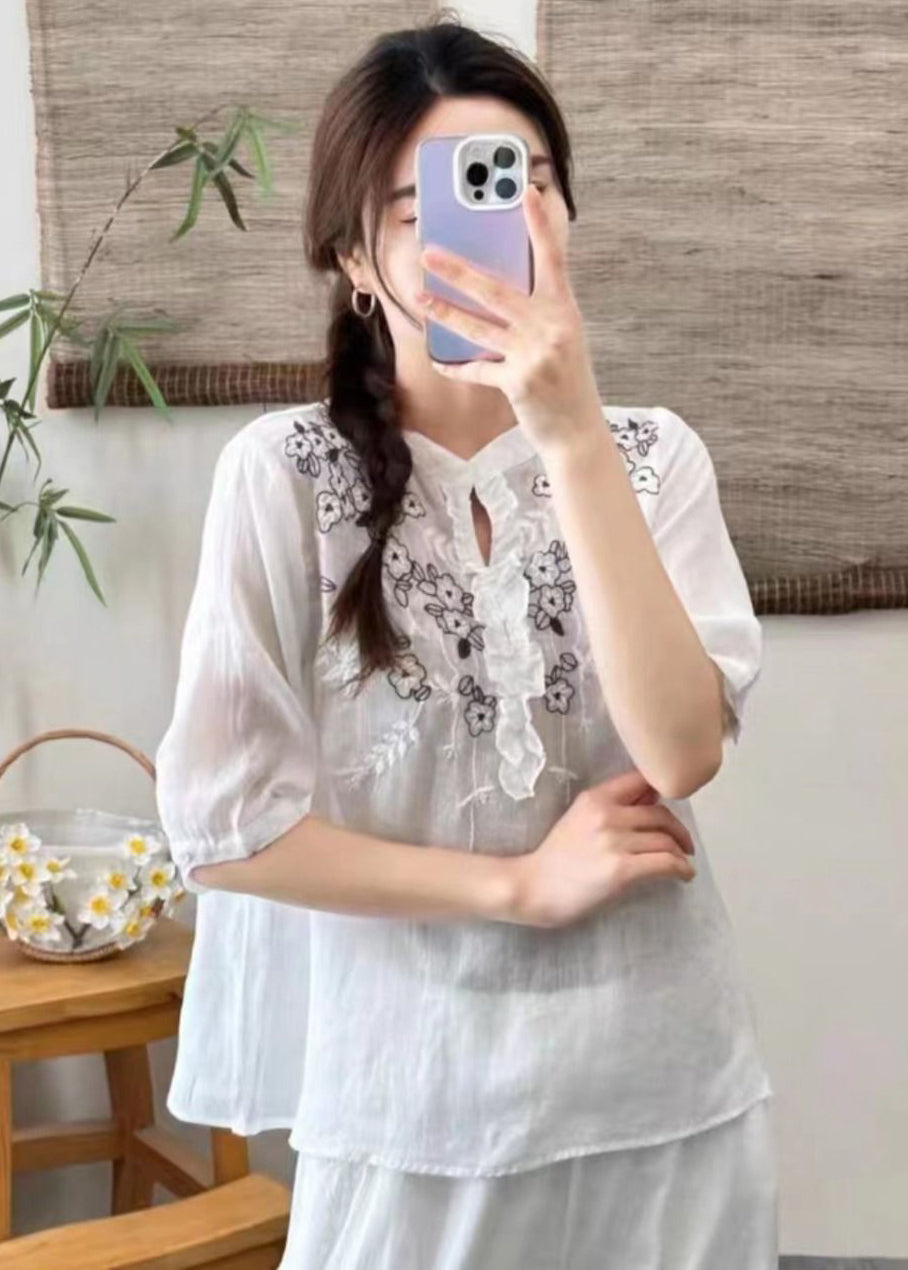 Simple White Embroideried Ruffled Linen Shirt Top Summer