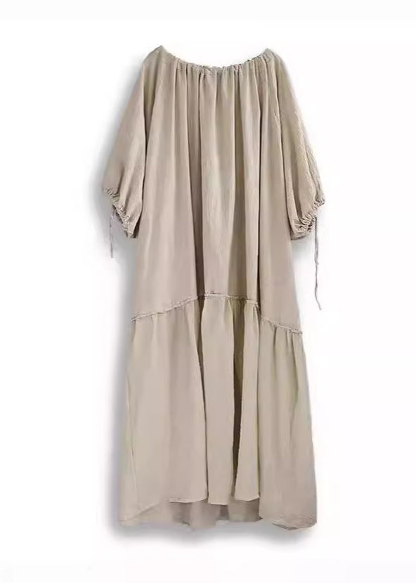 Beige O-neck Drawstring Patchwork Maxi Dress Bracelet Sleeve