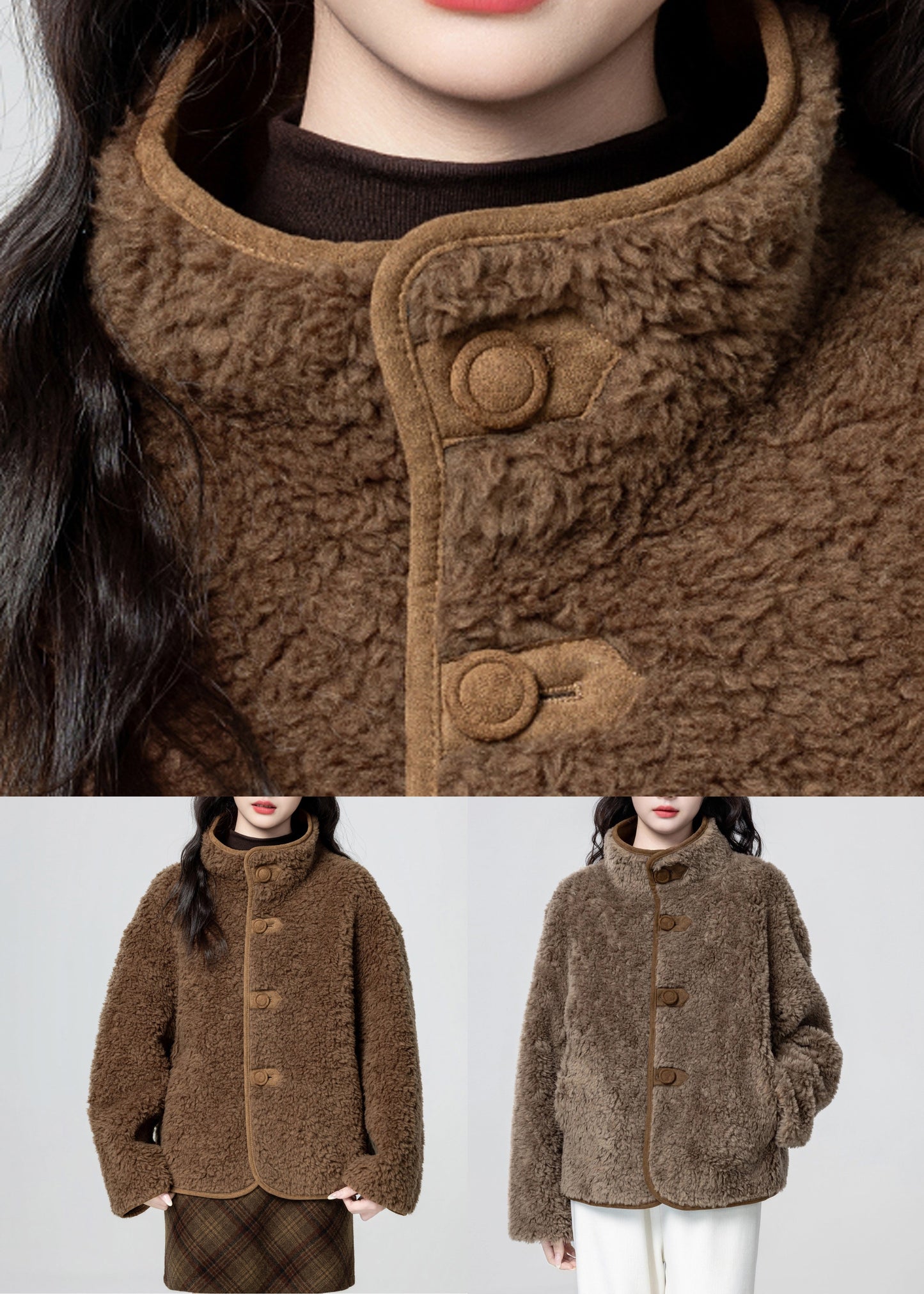 French Coffee Stand Collar Button Fluffy Wear on Both Sides Faux Suede Coats Winter