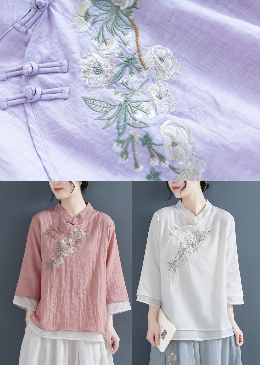 White Mandarin Collar Cotton Fake Two Piece Shirts Three Quarter Sleeve