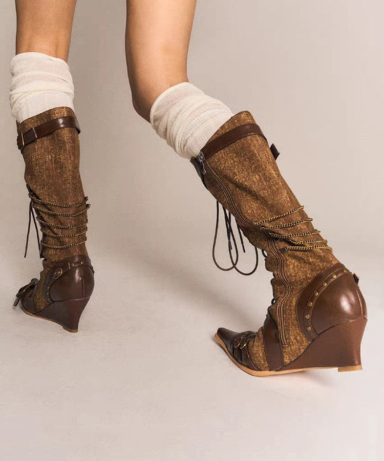 Denim Splicing Lace Up Wedge Boots Brown Cowhide Leather