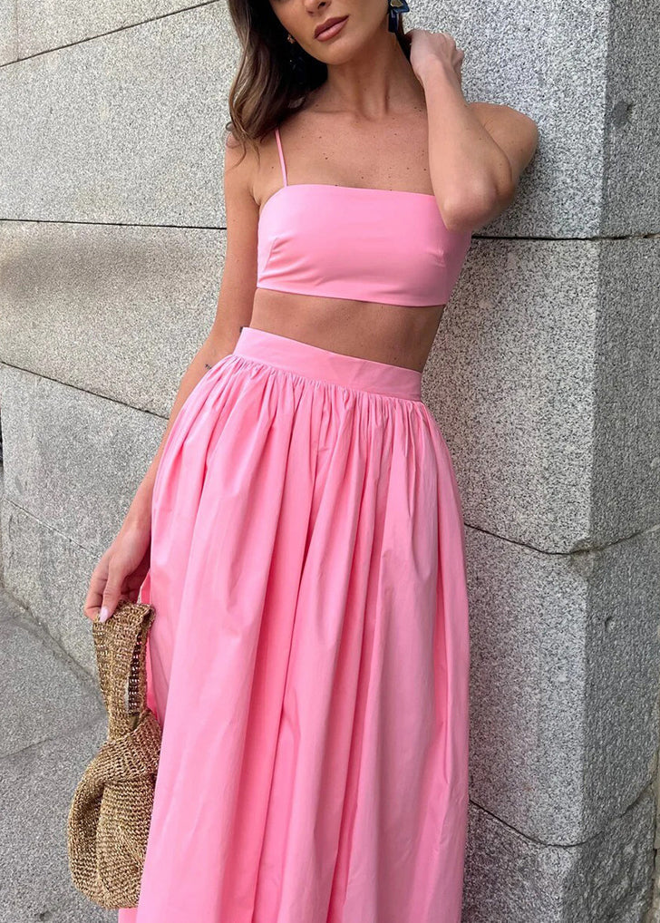 Fitted Pink Silm Fit Cotton Strapless Tops and Skirts Sets 2 Pieces Summer
