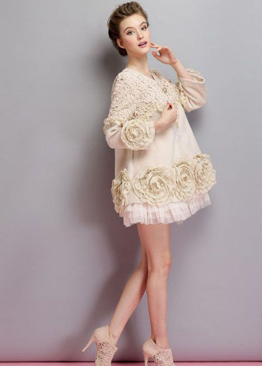 Beige O-neck Tulle Patchwork Applique Mink Velvet Coats Spring