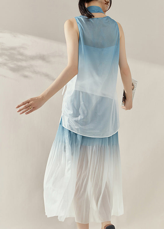 Gradient Color Blue O-neck Silk Cotton Top and Maxi Skirts Two Pieces Set Summer