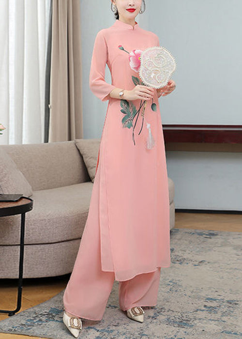 Silm Fit Pink Print Silk Cheongsam Dress Two Pieces Set Fall