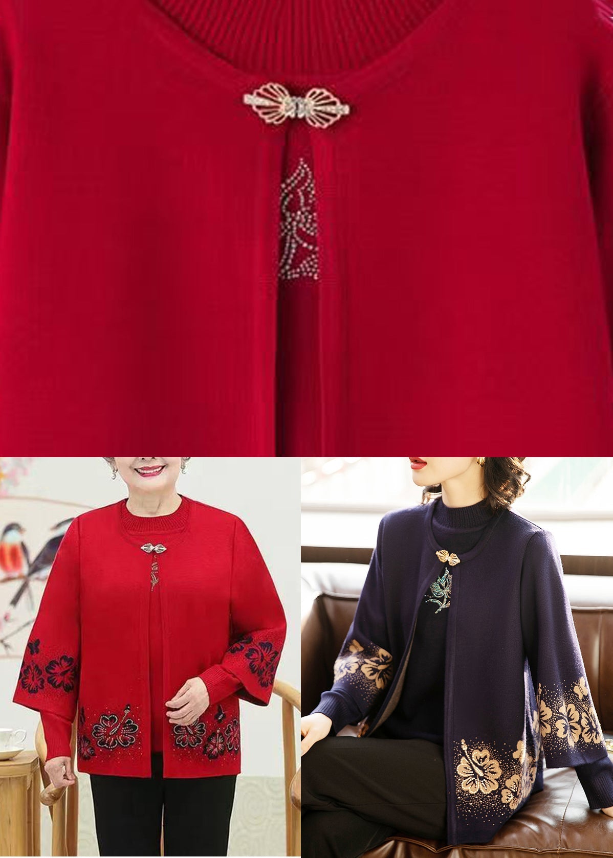 Red O-neck Zircon Cotton Knit Coats and Sweaters Two Pieces Set Fall
