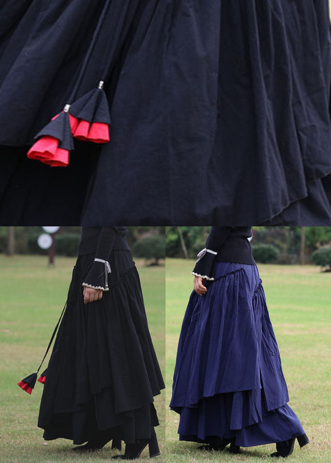 Black Cinched Patchwork Cotton Skirt Spring