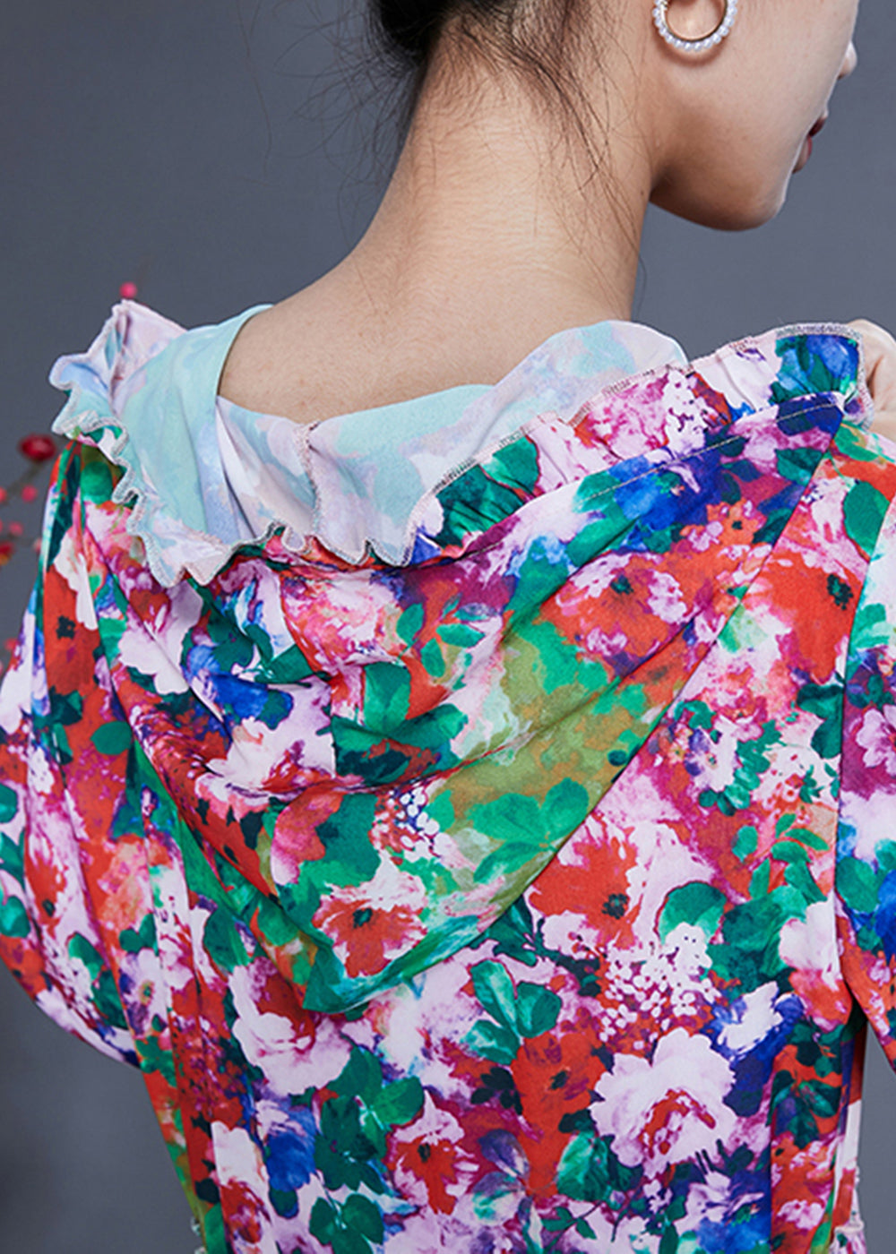 Slim Fit Hooded Ruffled Print Silk Long Dresses Summer