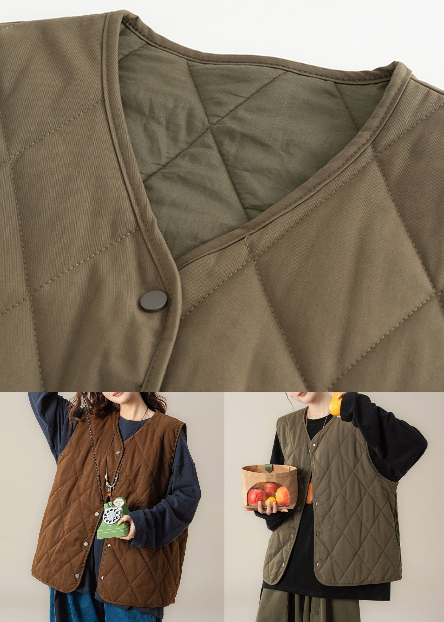 Green Button Cotton Filled Waistcoat and Black T Shirt Two Pieces Set V Neck
