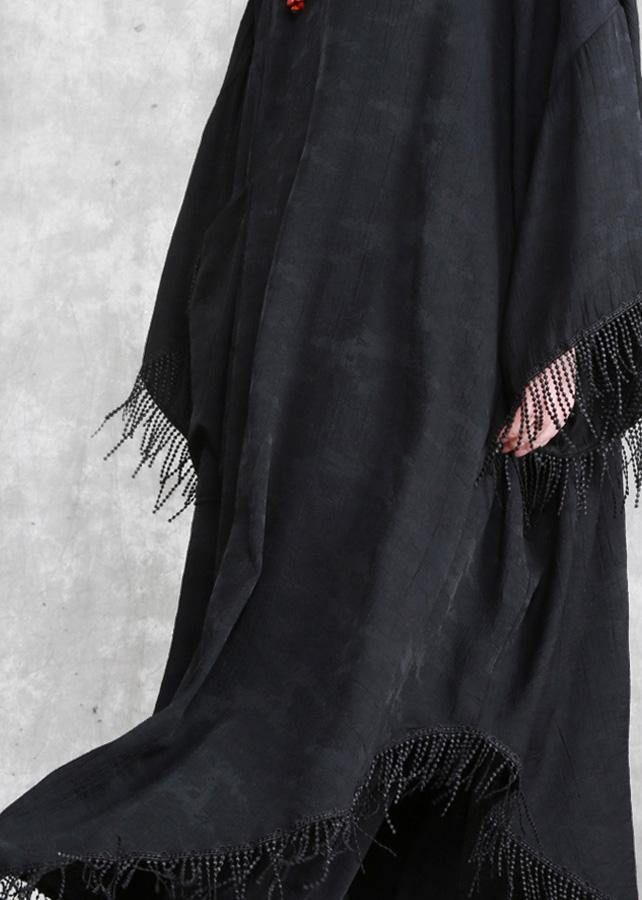 Black Tasseled Silk Linen Cape Dress Caftans Outfits