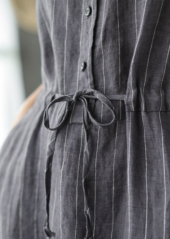 Slim Fit Grey V Neck Button Drawstring Striped Linen Dresses Short Sleeve