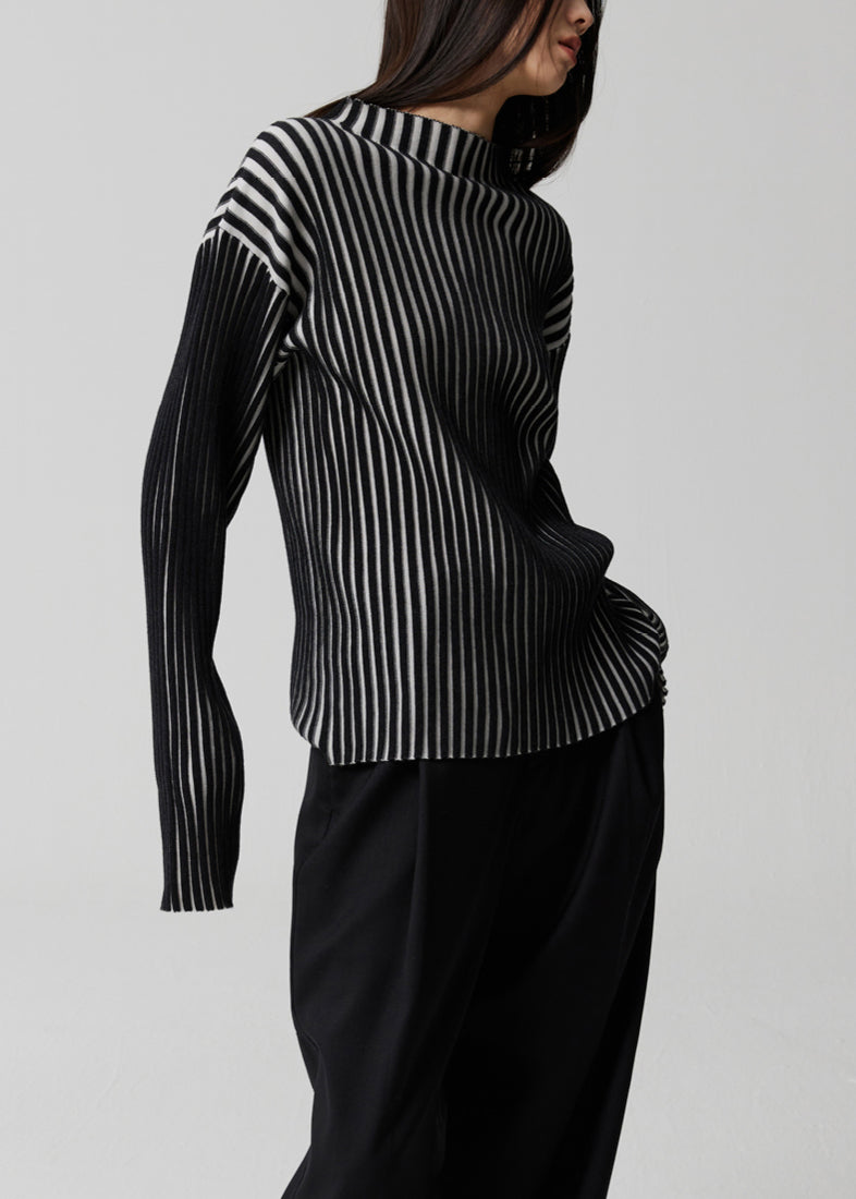 French Striped Stand Collar Patchwork Knit Top Long Sleeve Winter