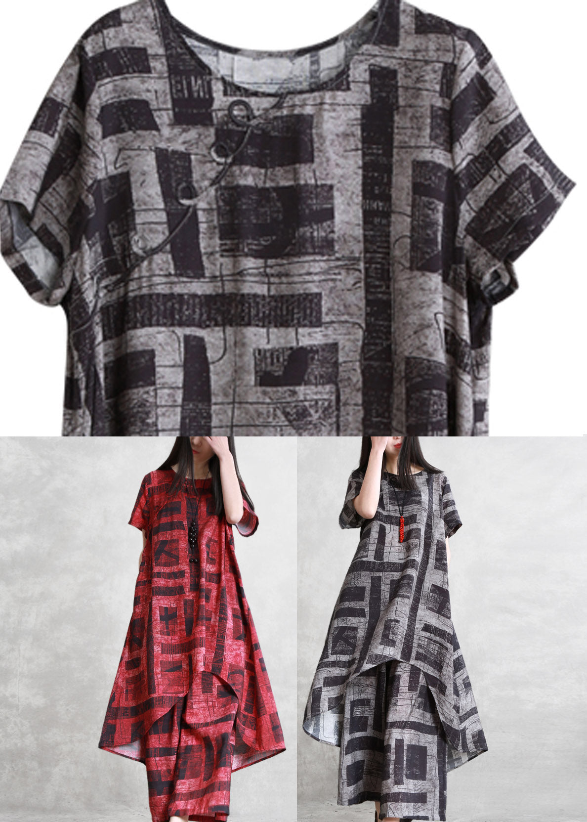 Loose Black O-neck Print Linen Top and Wide Leg Pants Two Piece Set Summer