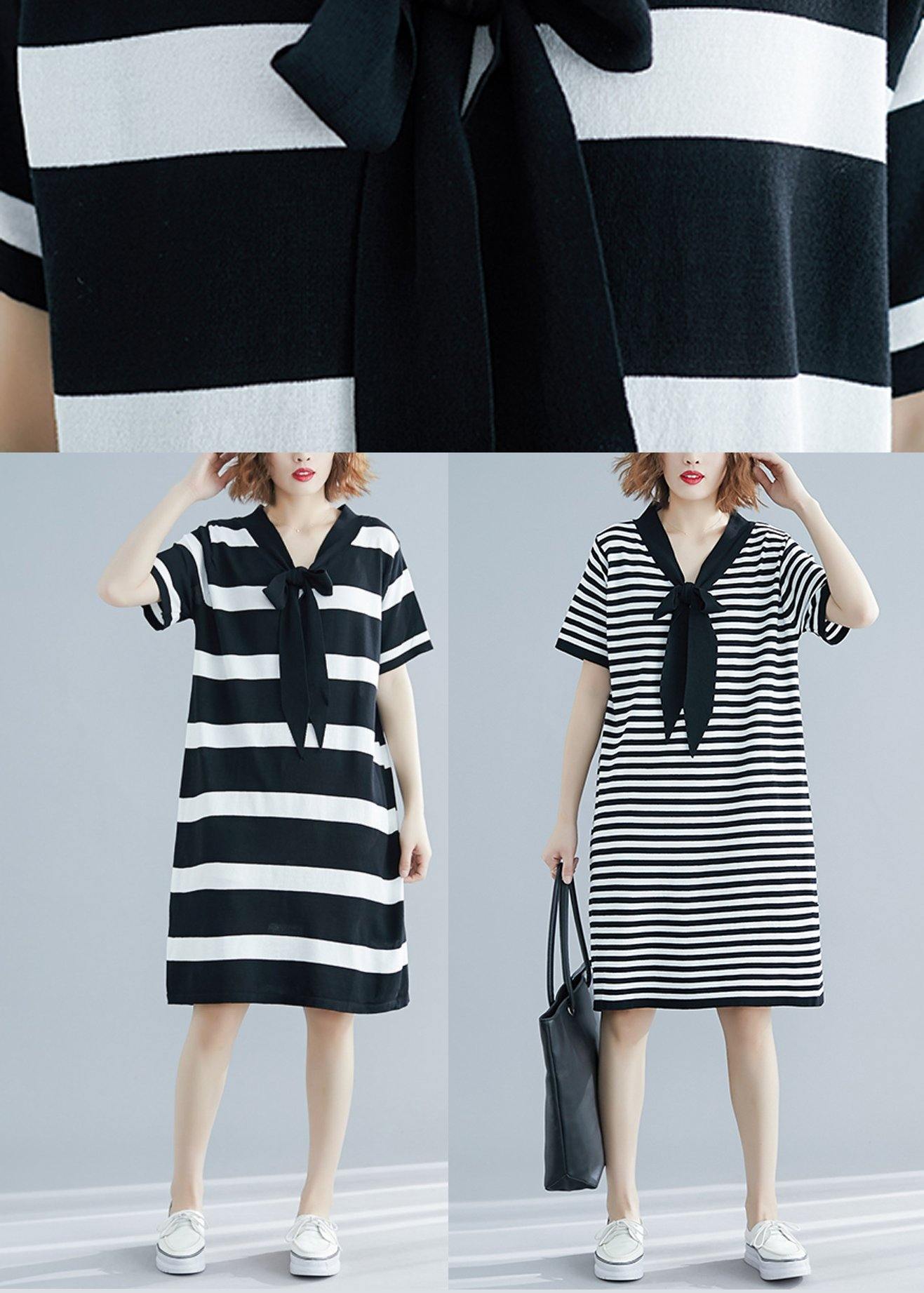 French Black White Wide Striped Cotton Bow Summer Dress