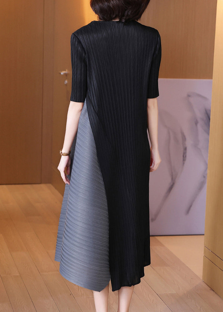 Black O-neck Patchwork Wrinkled Vacation Dresses Short Sleeve