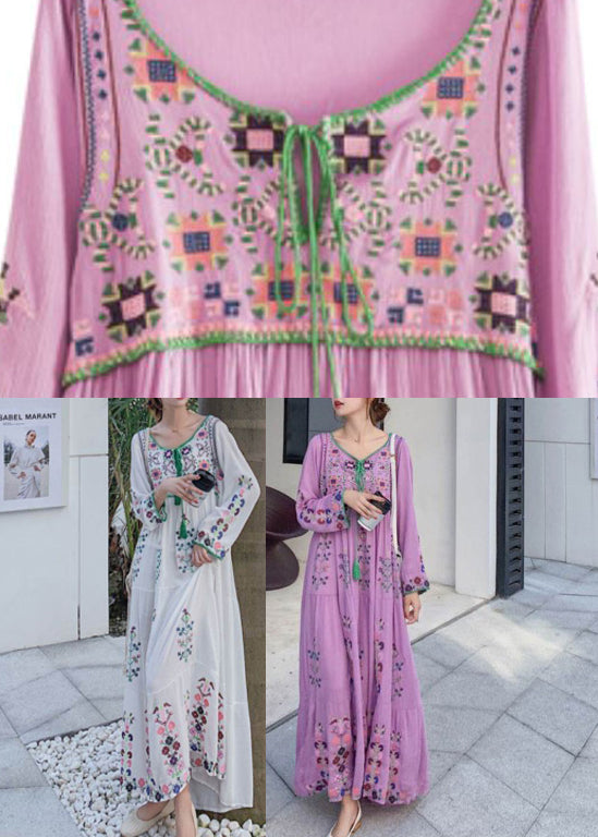 Purple O-neck Neck Tie Tassel Patchwork Cotton Holiday Dress Long Sleeve