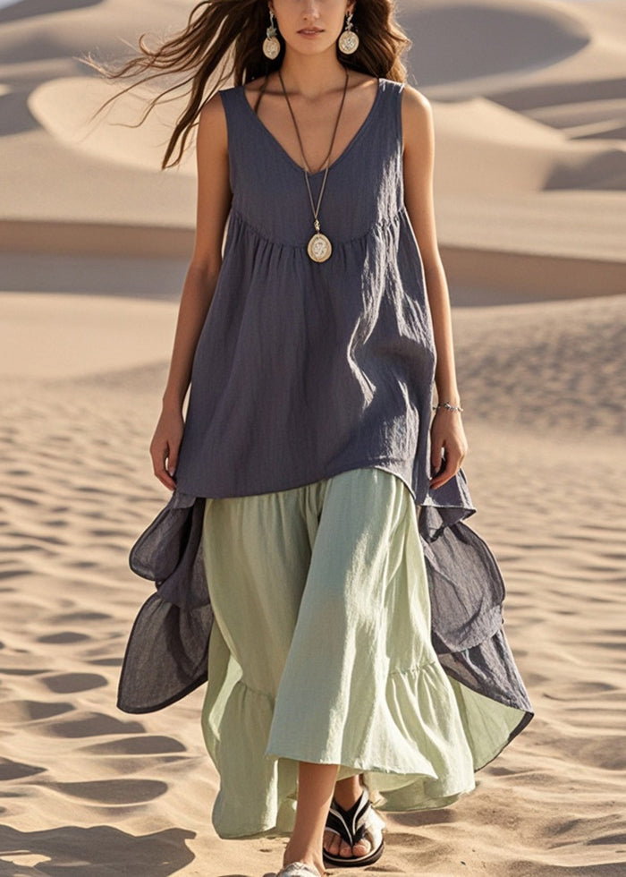 Grey Oversized Patchwork Cotton Fake Two Piece Dress Summer
