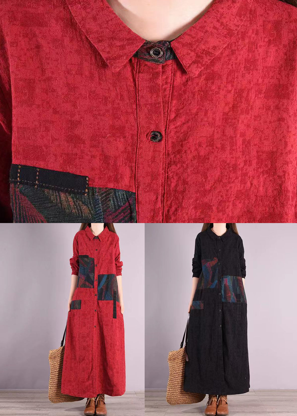 Red Peter Pan Collar Patchwork Cotton Shirts Dress Fall