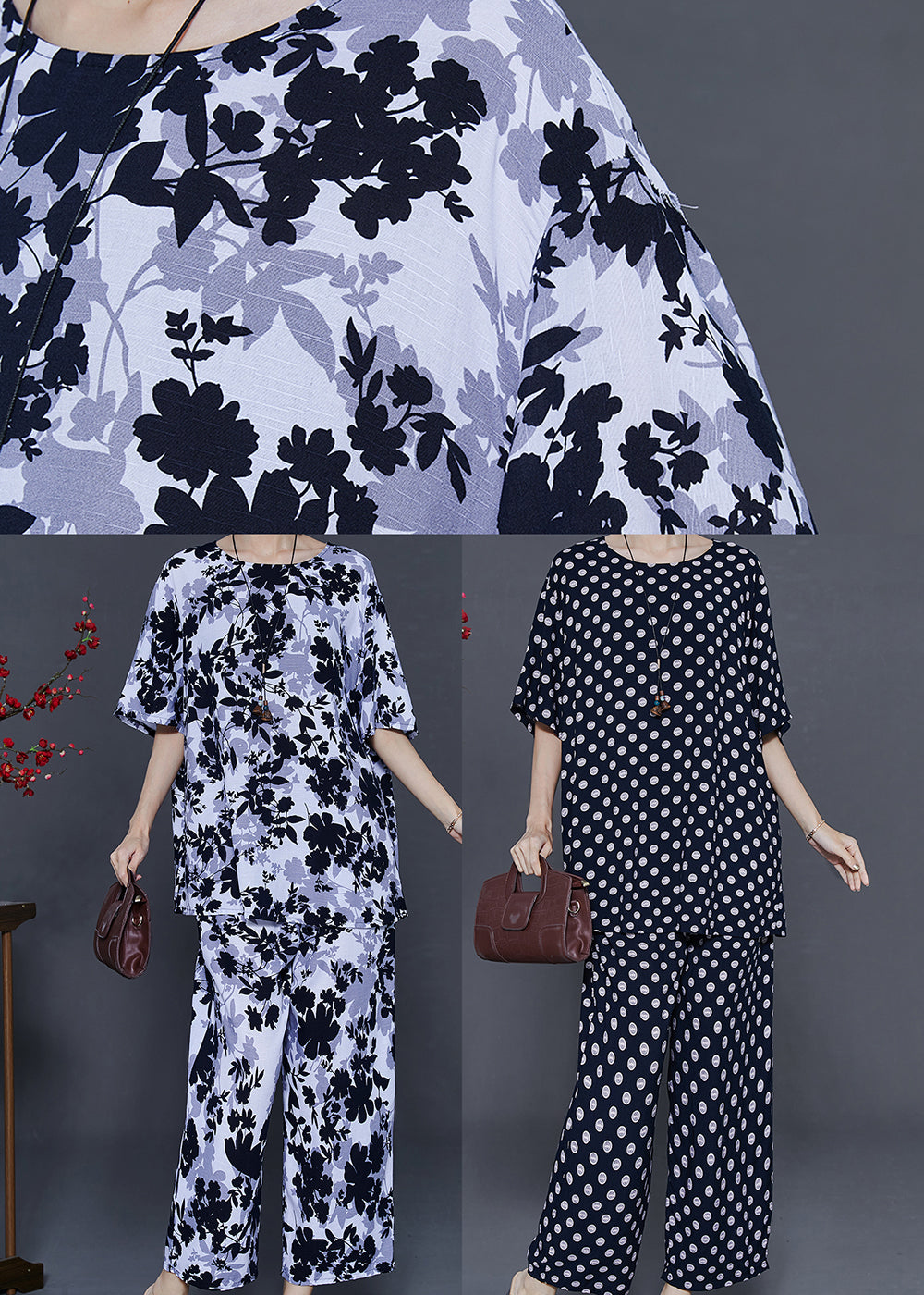 Art White O-neck Leaf Print Cotton Two Pieces Set Summer