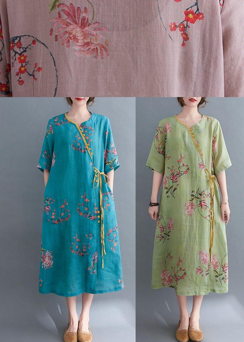 French Blue Print Tie Waist Mid Summer Cotton Dress