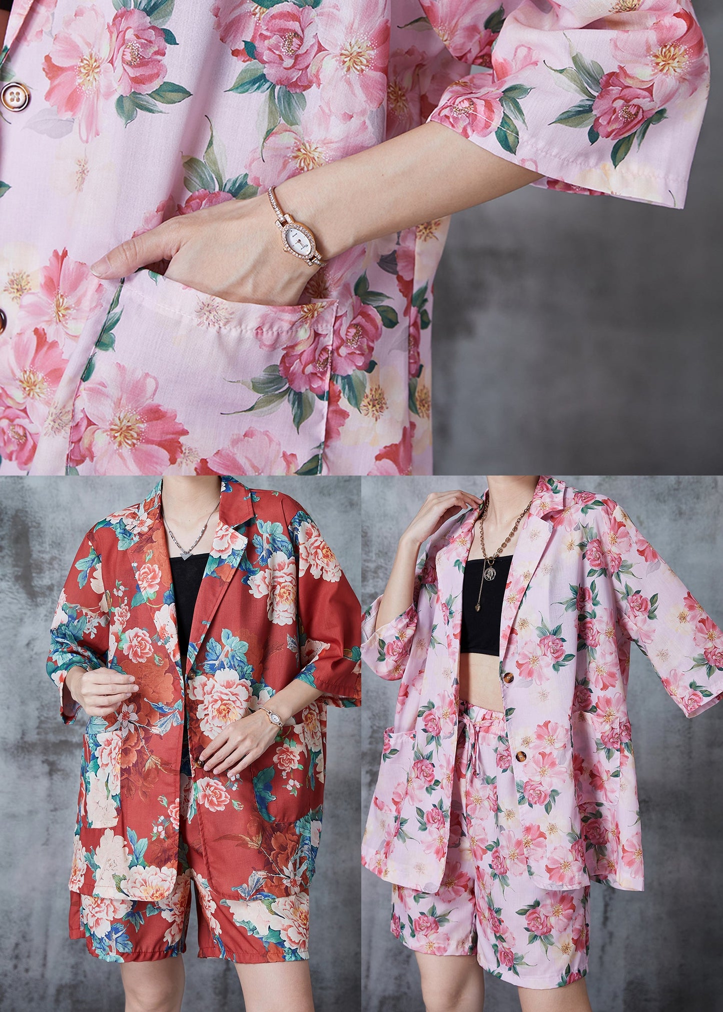 Pink Oversized Print Linen Two Pieces Set Summer