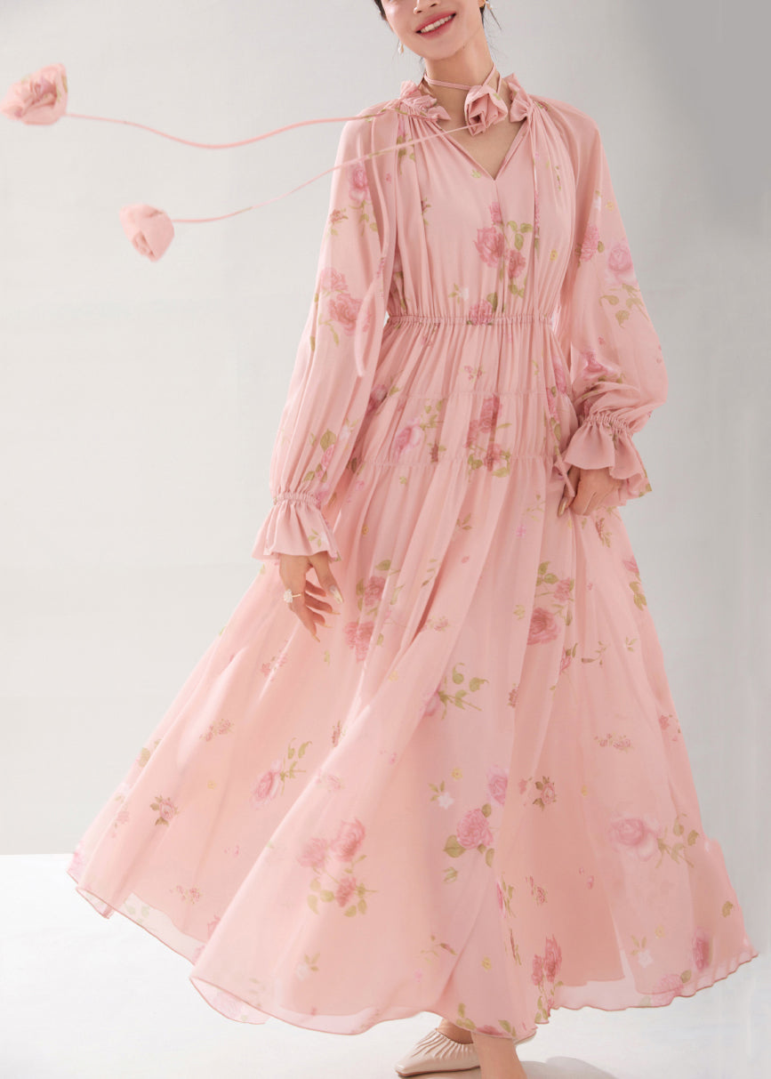 Pink Ruffled Print Lace Up Chiffon Dress Fall