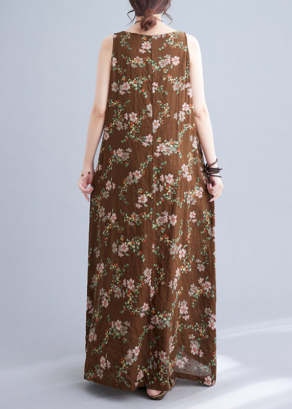 Coffee O-neck Print Linen Beach Dresses Sleeveless